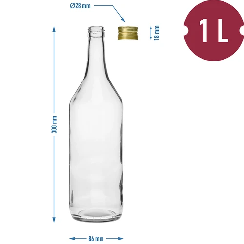 Fľaša 1 L Stolová s uzáverom fi28 - 4 ks. - 6