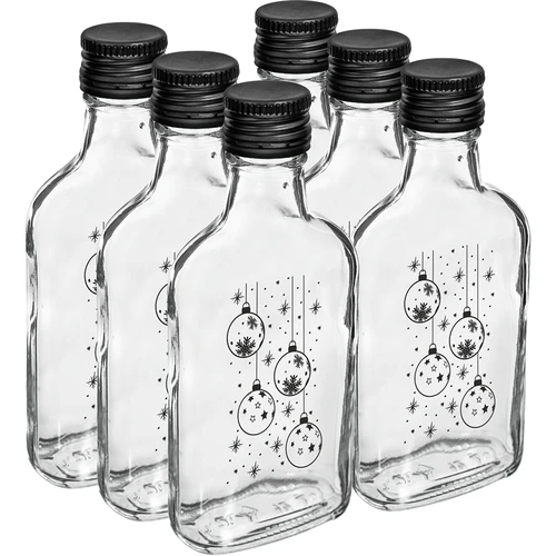 Sklenená fľaša – ploskačka 200 ml so skrutkovacím uzáverom, potlač „Vianočné ozdoby“, 1 ks - 4