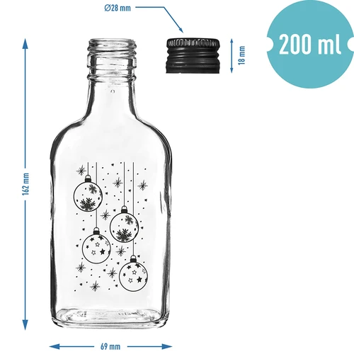 Sklenená fľaša – ploskačka 200 ml so skrutkovacím uzáverom, potlač „Vianočné ozdoby“, 1 ks - 5