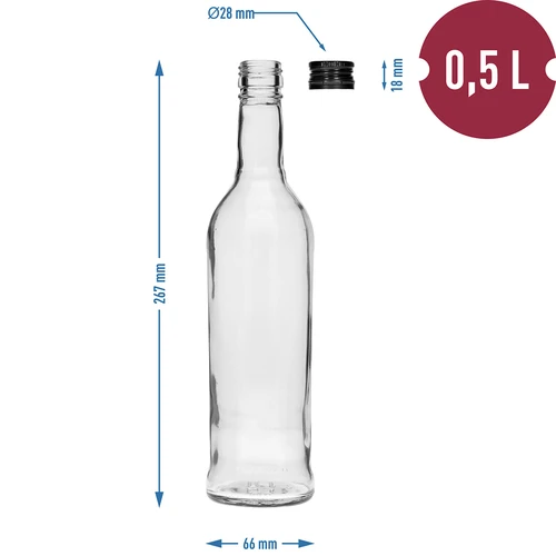Fľaša 500 ml Štíhla, s čiernym uzáverom, na vodku, 6 ks - 7