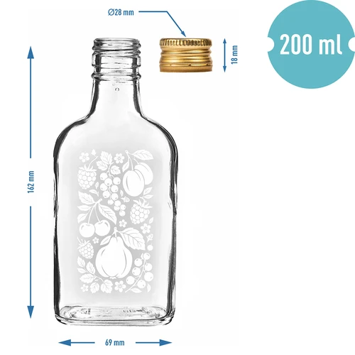 Fľaša ploskačka 200 ml so skrutkovacím uzáverom a potlačou „Ovocie”, vzor 2 - 4