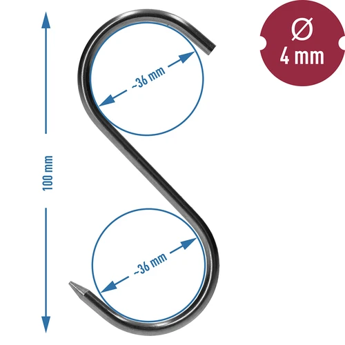 Háčiky na údenie – S-háčiky, ostrené, 4 mm × 100 mm, 5 ks - 6
