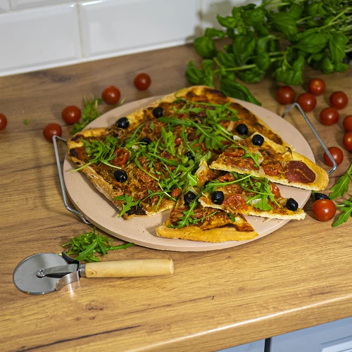 Kameň na pizzu s držadlom a nožom, z kordieritu, okrúhly 33 cm - 14