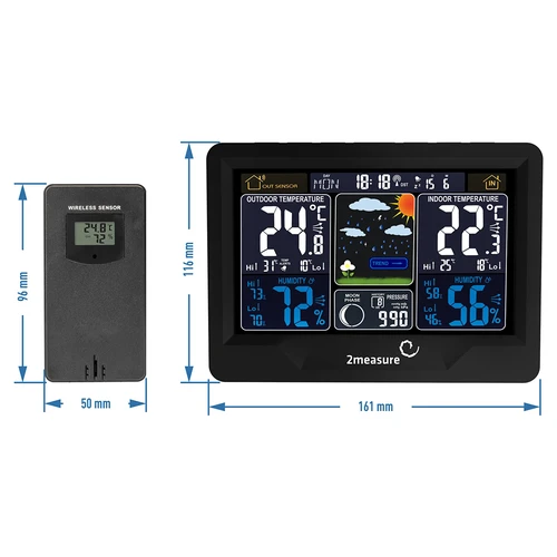 Meteorologická stanica RCC, DCF – elektronická, podsvietená, bezdrôtová, senzor, čierna - 12