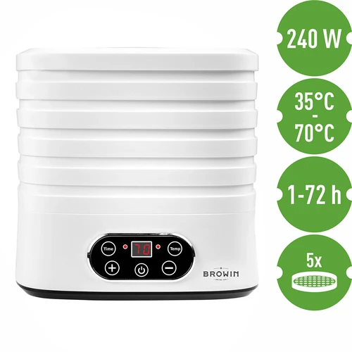 Sušička na huby, ovocie, zeleninu a bylinky s reguláciou teploty, 240W, biela - 9