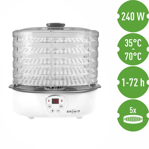 Sušička na huby, ovocie, zeleninu a bylinky s reguláciou teploty, 240W, transparentná - 7