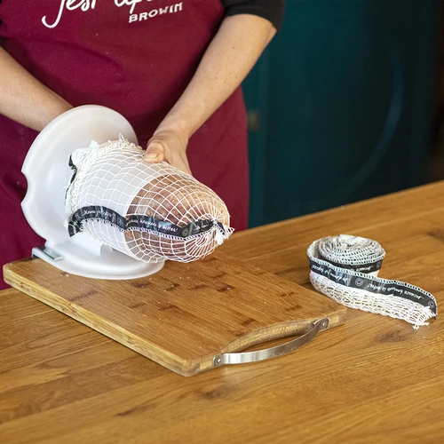 Údenárska sieťka s etiketou, s rozmermi 15 cm x 4 m, s tepelnou odolnosťou 125°C - 2